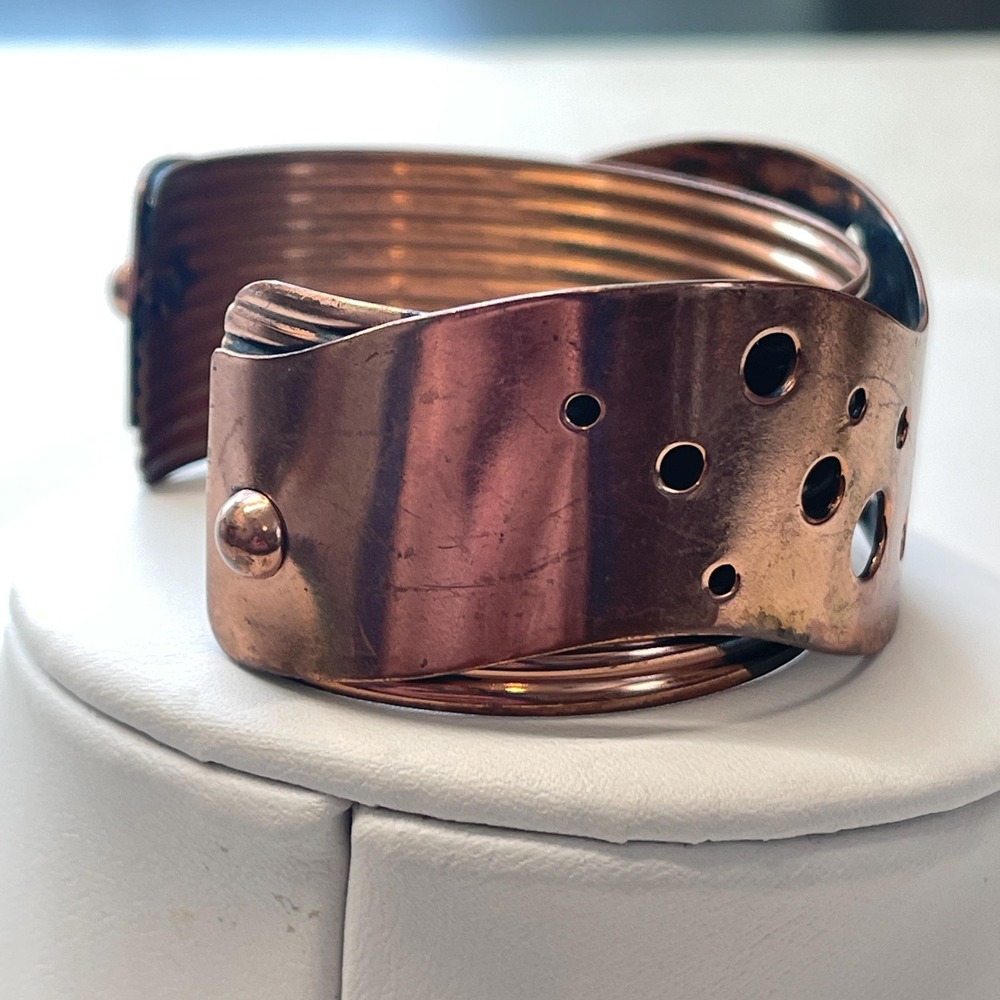Vintage Renoir Copper Swiss Cheese Wavy Wide Bangle Cuff Bracelet MCM - Picture 3 of 8